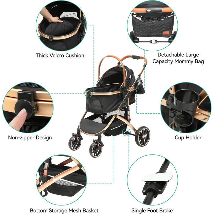 Візок для собак YITAHOME 3 в 1: візок, переноска, прогулянковий візок. До 22 кг, складний, для маленьких собак та котів (чорний)