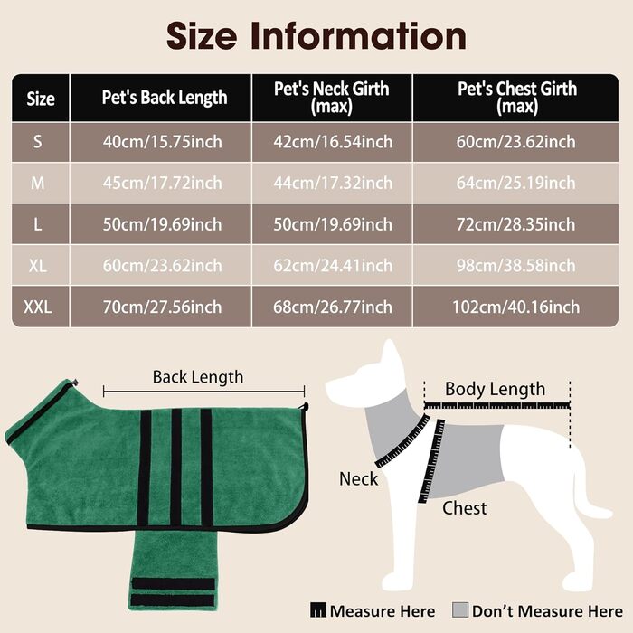 Рушник для собак з мікрофібри, великий, зелений, XXL, швидковисихаючий, з клямками