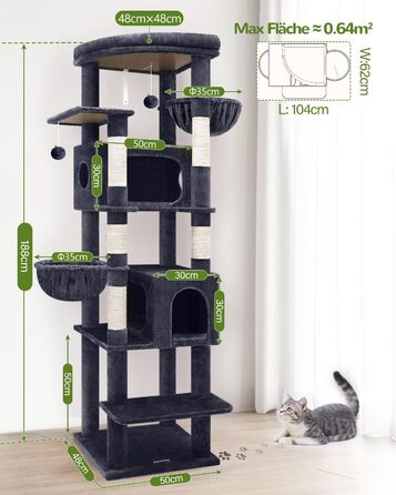 Драбина для котів Globlazer XXL, 188 см, з будиночком, платформами та кошиками. Стабільна, не перекидається, для великих котів. Темно-сірий (S74)