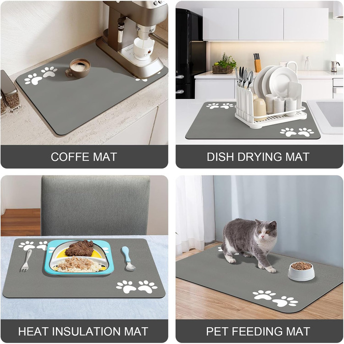 Килимок під миску для собак та котів, швидковисихаючий, абсорбуючий, водонепроникний, протиковзкий (сірий, 43x80 см)