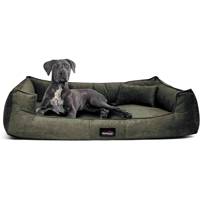 Ортопедичне ліжко для собак Tierlando® Bruce з знімним та пральним велюровим покриттям, диван для собак середніх та великих порід. Розмір: 110x90см, Колір: Оливковий (26). Розміри: 110 x 90 x 25 см