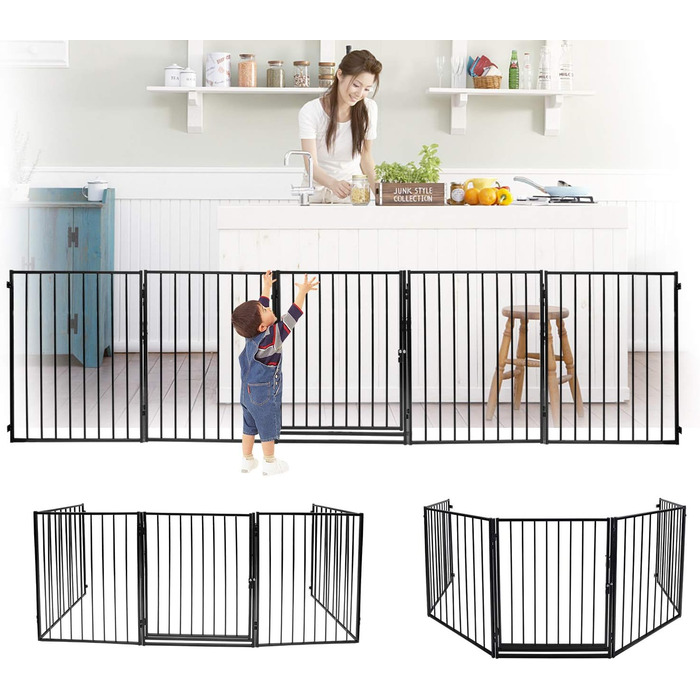 Захисна сітка для каміна Daromigo, 304 см, металева з дверцятами, сітка для дитячого манежу, захист від тварин, захист для дітей, чорна, 5 елементів