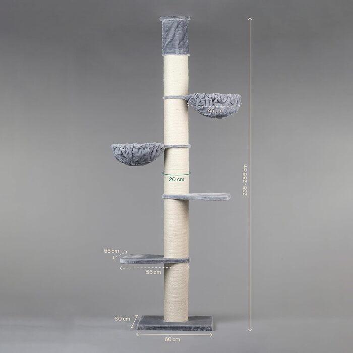 Дряпка для великих котів RHRQuality Maine Coon Tower Plus, до 295 см, 20 см сизалеві стовпи, світло-сіра