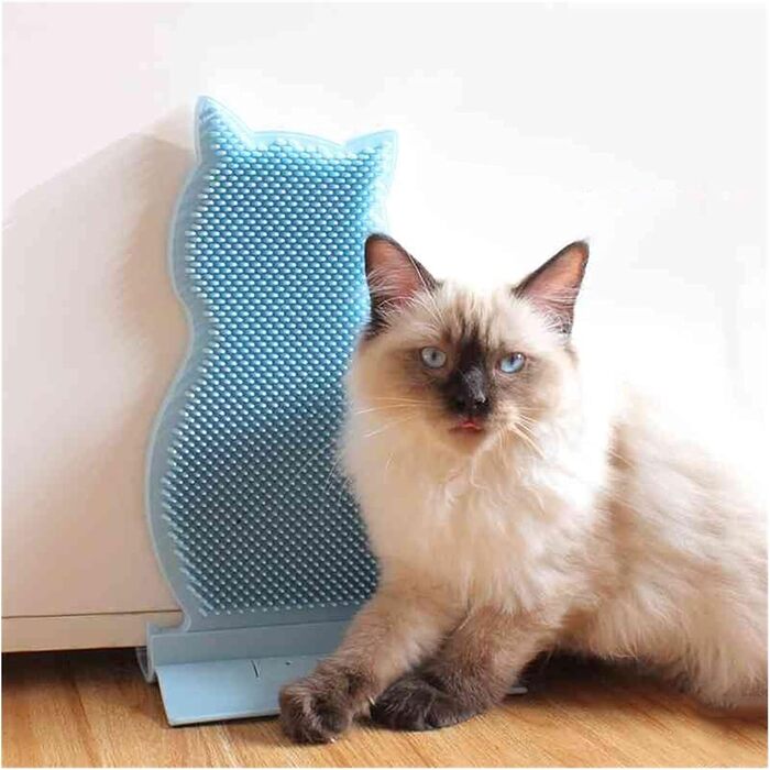 Щітка для котів, самостійний догляд, для довгошерстих та короткошерстих котів, гребінець для догляду за шерстю, гачок для дверей/столу/кута, маленька щітка для догляду за котами (блакитна, 21x29 см)