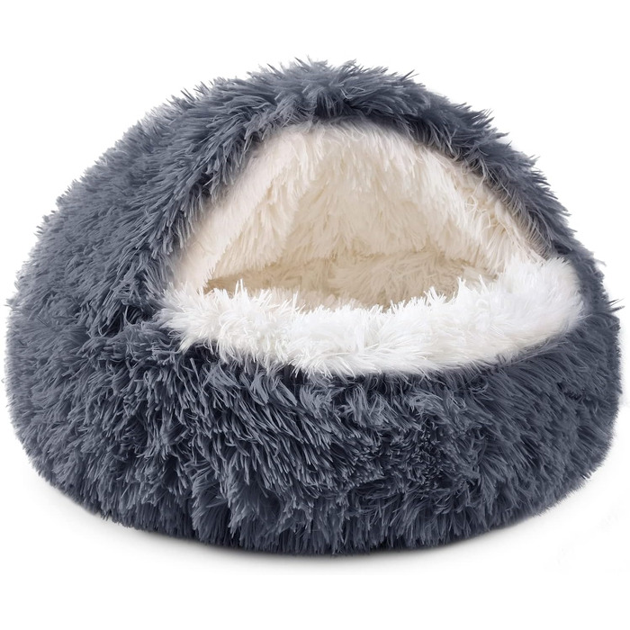 Кругле собаче ліжко NOYAL з капюшоном для маленьких та середніх тварин – плюшеве, м'яке, заспокійливе ліжко-печера для котів та собак (велике 70 см, сірий темно-сірий)