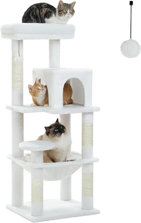 Дряпка для котів PAWZ Road з металевою плюшевою гамаком, котячий комплекс 116 см з двоповерховим будиночком, 6-рівневими полицями, стовпами для дряпання та великим верхнім лежаком, бежевий, для дорослих котів