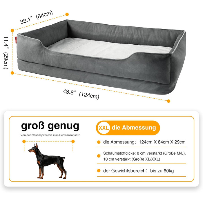 Ортопедичне собаче ліжко Zedelmaier для середніх та великих собак, 90х68х25 см, стійке до подряпин, з товстим лежаком, миється, ергономічне диван-ліжко для собак з знімним покриттям (124 x 84 см, Темно-сірий)