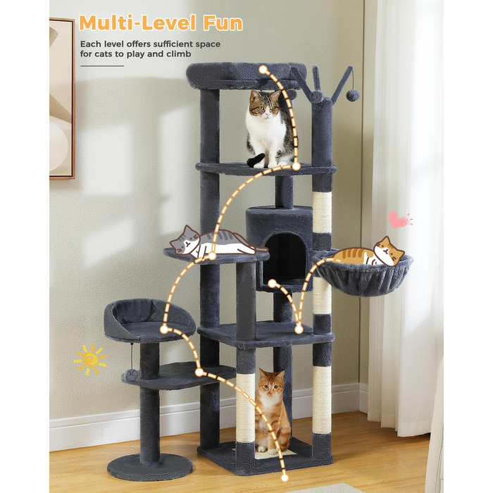 Котячий будиночок Petpela 150 см: багатоярусний котячий комплекс з гамаком, когтеточкою та стійками, сірий