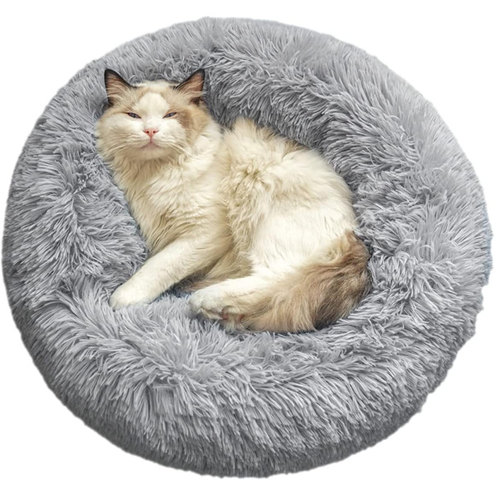 М'яке ліжко для кота та собаки: кругле, плюшеве, миється. Ліжко-подушка для домашніх тварин (70см, 60см, білий, світло-сірий)
