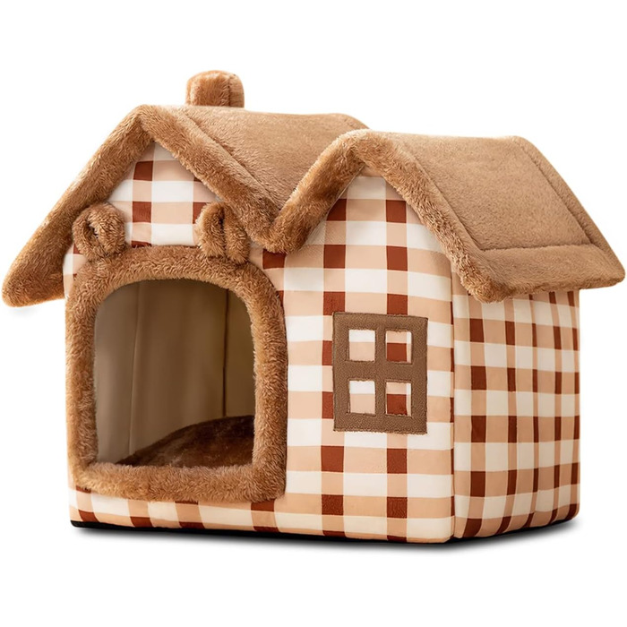 Комфортне ліжко-будиночок для котів та собак, тепле та затишне місце для відпочинку, знімний м'який килимок, коричневий (L)