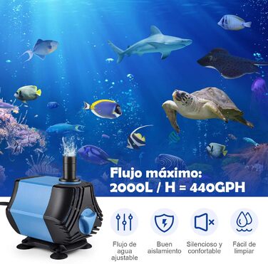 Zacro Нова занурювальна водяна помпа 2000 л/год, ультратиха, 40 Вт, з 4 присосками і 3 насадками (13/16/19 мм) для акваріуму, саду, ставка, фонтану
