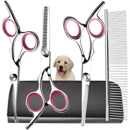 Набір професійних ножиць для собак, 4 в 1: ножиці з круглим носиком, ножиці для фінішування, прямі та вигнуті ножиці, гребінець для грумінгу, з нержавіючої сталі, для собак та котів (рожеві)