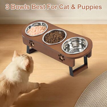 Підвищені годівниці для котів 3 шт. з регульованою висотою, з підставкою, з нержавіючої сталі, для води та корму, для котів та маленьких собак, коричневі