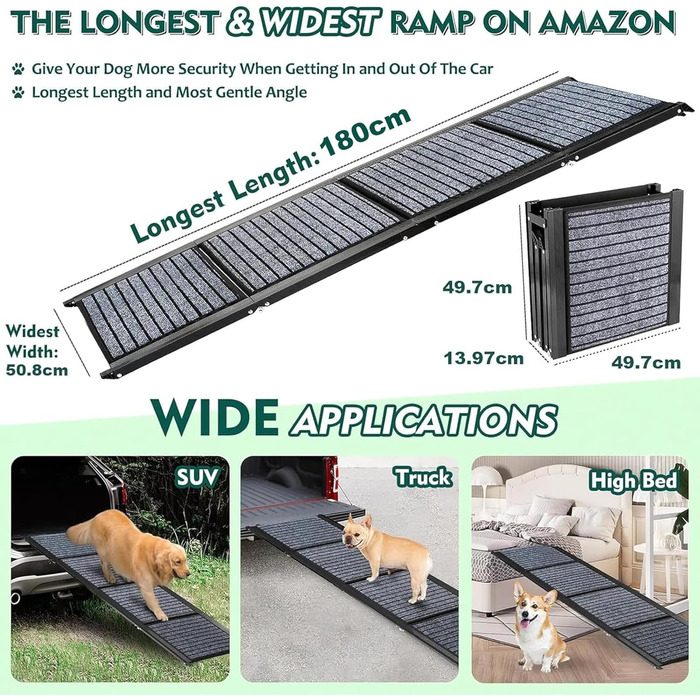Рампа для собак Snagle Paw 180 см, портативна, складна, для великих собак, до 127 кг, широка (50 см), для авто/SUV/вантажівки