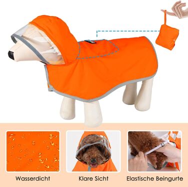 Водонепроникна дощовик для собак SowTon з капюшоном, для малих, середніх та великих собак, з світловідбиваючими смугами та сумкою для зберігання (M, Оранжевий)