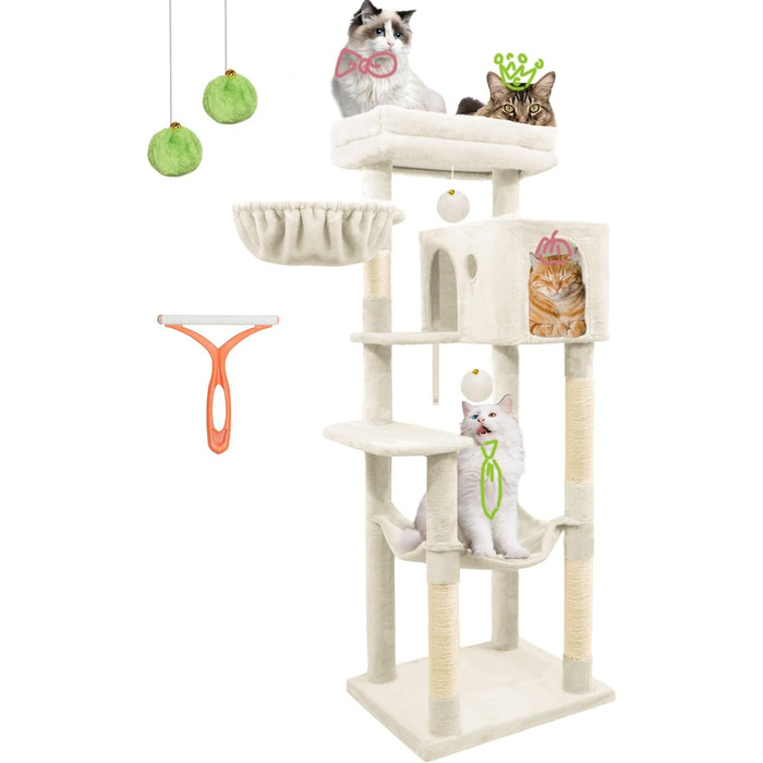Дерев'яна кігтеточка для котів LEEJARD XXL, 148 см, з платформами, будиночком, гамаком, іграшками та захистом від перекидання, бежева
