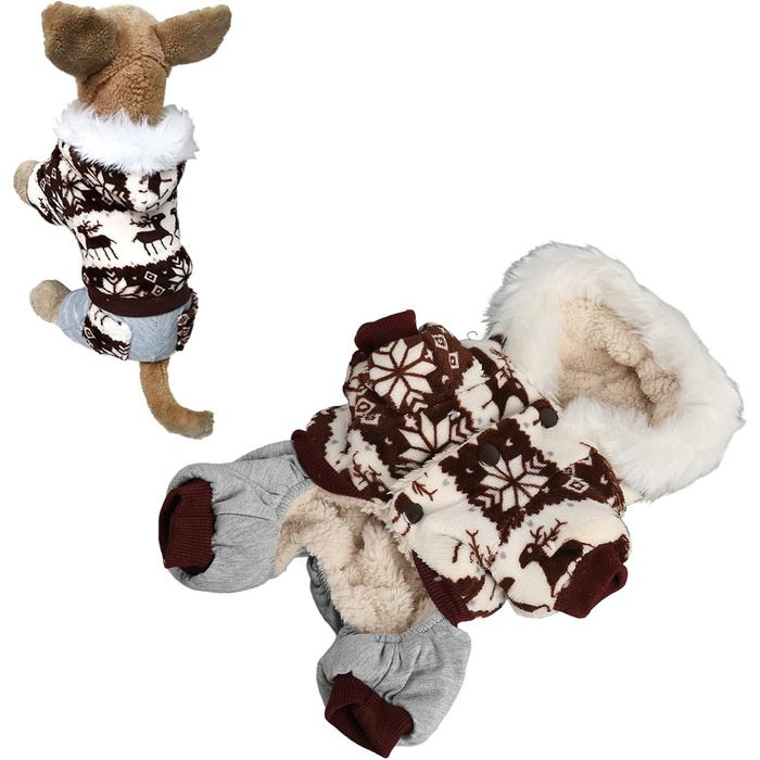 Теплий зимовий костюм для собак з капюшоном, пухнастий, з оленем Snowflake, для маленьких та середніх собак - м'який та зручний, ідеальний для зими та святкових подій
