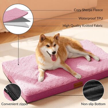 Ортопедичне ліжко для собак Patas Lague, велике, 91,4 x 61 см, м'яке, водонепроникне, з піною, знімний та пральний чохол, неслизьке дно, колір рожевий (L 142 x B 102 x H 10 см)