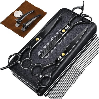 Набір професійних ножиць для грумінгу собак CIICII 10-в-1 з безпечними закругленими кінцями (для собак, котів, тварин). Підходить для стрижки, прорізування та формування шерсті. Срібно-чорний колір.