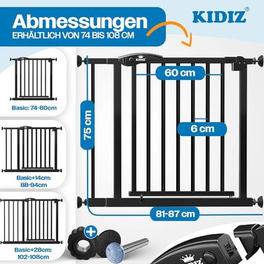 Захист для сходів KIDIZ: сітка-захист без свердління, автоматичне закриття, 90° стоп, ширина 88-94 см (чорний)