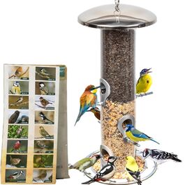 Годівниця для птахів на сонцезахисній підставці, для саду, срібна. З наповнювачем: соняшникові зерна та суміш.
