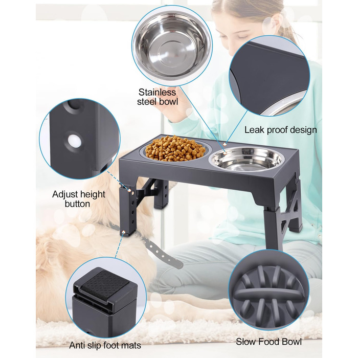 Підвищена годівниця для собак Тоарен, 2 миски з нержавіючої сталі, регульована висота, для великих, середніх та маленьких собак