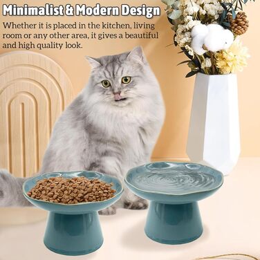 Керамічні миски для котів, 2 шт., 15.5 см, плоскі, анти-вуса, для корму та води, блакитні