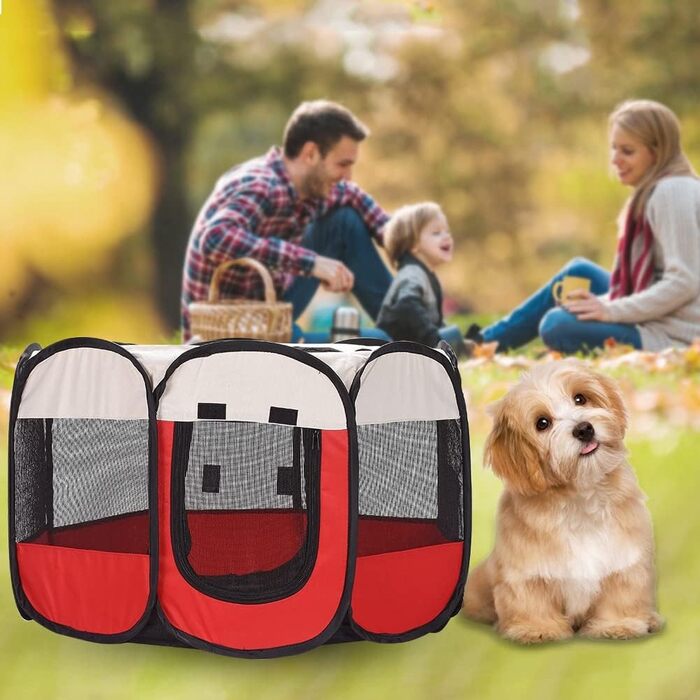 Клітка-манеж для тварин XhuangTech: собаки, коти, цуценята, 80x80x58.4 см, м'який матеріал, портативна, складна, для дому та вулиці, бежево-червона