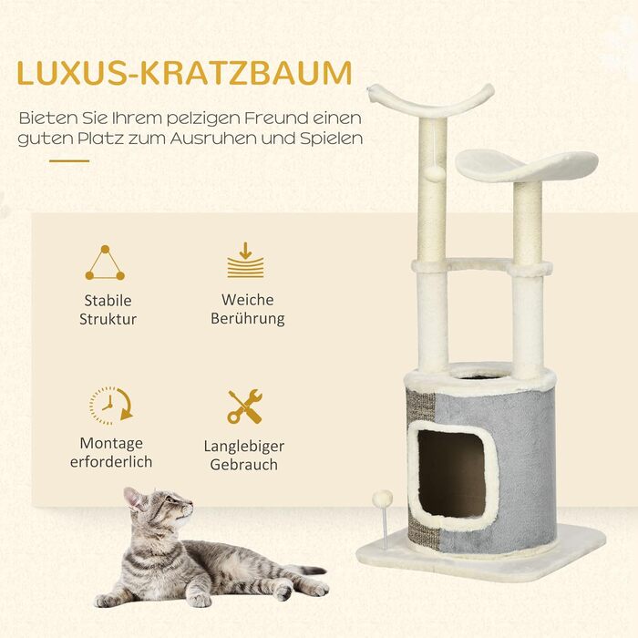 Котячий будиночок PawHut 110 см з когтеточкою, платформою та іграшкою, котячі меблі, кремовий