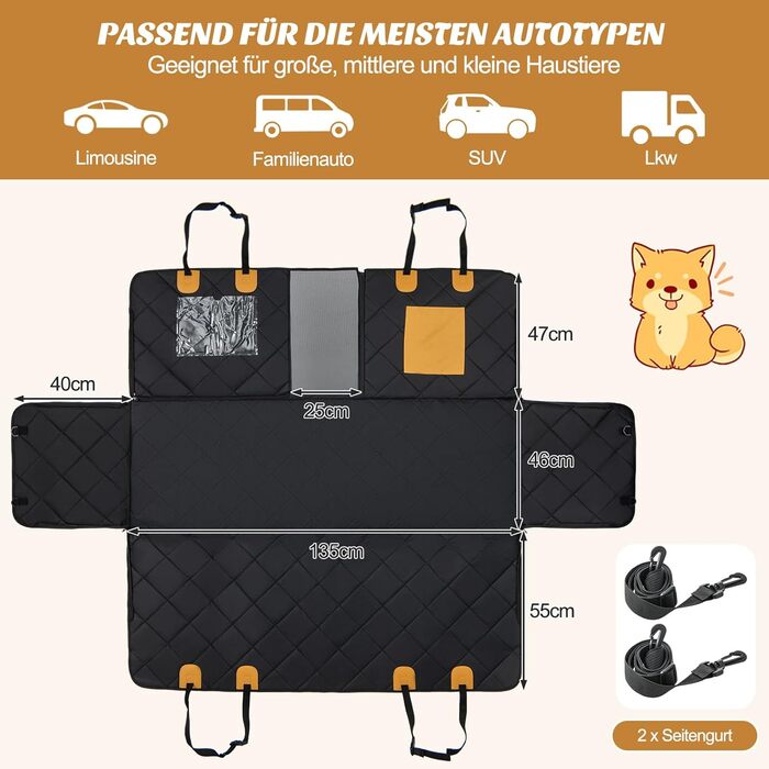 Захист для заднього сидіння авто для собак Costway, 215x148 см, чорний, водовідштовхуючий, з віконцем та боковими захистами