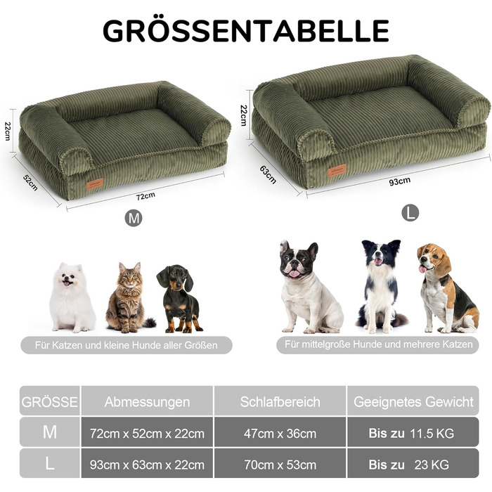Крісло-ліжко для собак великих порід FUKUMARU, м'яке та зручне, з водонепроникним покриттям, з тканини Cord, можна прати, не ковзає, знімний чохол на блискавці, 93 x 63 x 22 см, зелене