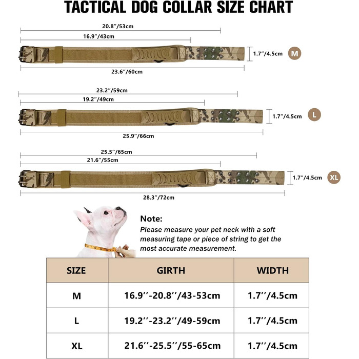 Тактичне нашийник для собак з ручкою та поводок, військовий нашийник з м'якою підкладкою з нейлону, регульований нашийник для середніх та великих собак (M, камуфляж)