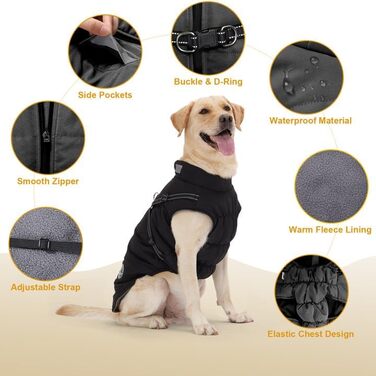 Зимовий теплий куртка для собак, водонепроникний та вітрозахисний, з захистом живота, для активного відпочинку, з флісовою підкладкою, світловідбиваючий, для маленьких, середніх та великих собак, 4XL, чорний