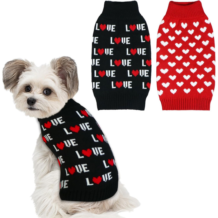 2 шт. Пуловери для собак на День Святого Валентина, костюми для собак на День Святого Валентина, в'язані сердечком пуловери для маленьких, середніх та великих собак, домашні тварини (Розмір M) (Червоне серце та чорне «Любов», Medium)