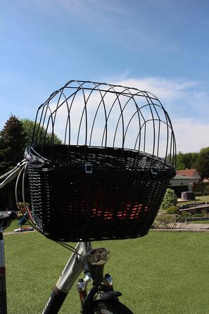 Кошик для собаки на кермо велосипеда з ротангу з металевою сіткою та подушкою, чорний кошик для велосипеда (з подушкою)