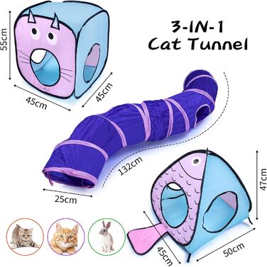 Туннель для котів, іграшка-труба, складаний тунель для кошенят, цуценят, кроликів. 3 шт. блакитний