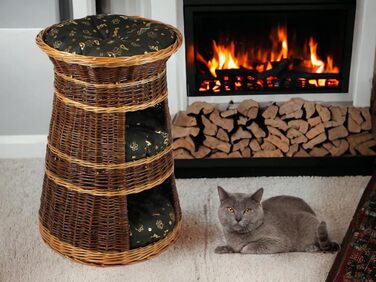 Корзина для котів для сну – котяча хатинка для дому – розмір 43 x 49 x 70 см, кругла – котяча хатинка з лози, трирівневе ліжко для собак або котів з пральним подушками в бежевому кольорі – лакована корзина (подушка темно-коричнева)