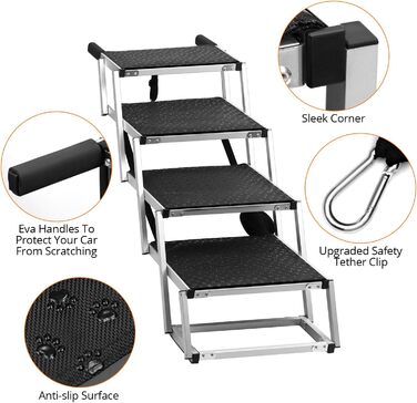 Сходинка для собак QWORK® 4-ступенева складана, антиковзка, для автомобіля - регульована висота 64 см, до 80 кг