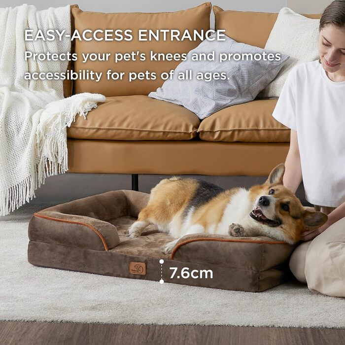 Ортопедичне ліжко для собак BEDSURE - 89x63 см. М'яке ліжко-софа для собак середніх порід, зручне, з ефектом пам'яті, миється, не слизьке