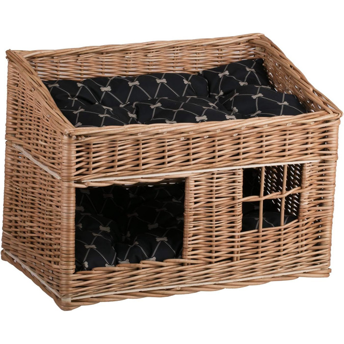 Кішка Будинок Прямокутна з Плетеного Лози, Двоярусний Корз для Кота з Подушкою та Вікном (Чорний, Натуральний)