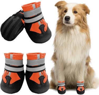 Водонепроникні чоботи для собак, 4 шт. Антиковзаючі собачі чоботи з неслизькою підошвою та світловідбиваючим кріпленням, для маленьких, середніх та великих собак (XL, Помаранчеві)