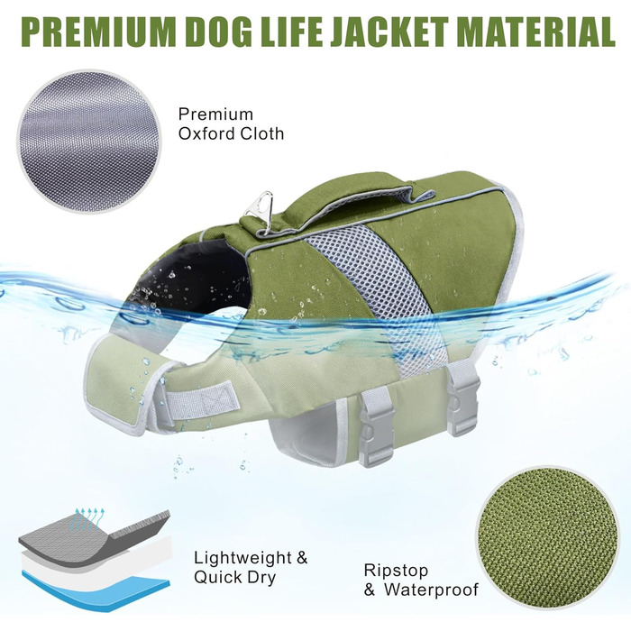 Рятувальний жилет для собак з високою плавучістю, світловідбиваючий, для плавання, катання на човні, серфінгу, каякінгу. Підходить для собак маленьких, середніх та великих порід. Зелений колір.