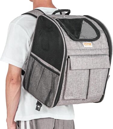 Тролей для собак VEVOR, складний, до 8,1 кг, сірий. Зручний рюкзак-переноска для тварин з 5 кишенями. Ідеально для подорожей та прогулянок