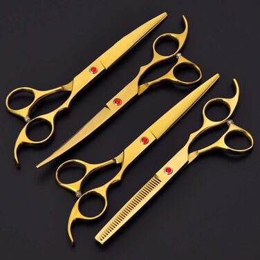 Набір ножиць для грумінгу собак, 7 дюймів, професійний набір для догляду за тваринами, нержавіюча сталь, вигнуті ножиці, ножиці для розрідження, гребінець для грумінгу собак і котів, 5 шт. (Золотий)