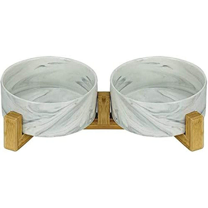 Миски для собак SP SEMPRE з кераміки з бамбуковими підставками, набір з двох мисок (13,5 см, білий мармур)