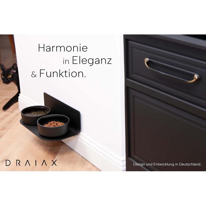 Керамічна підвищена миска DRAIAX ElegantFeed S для котів і малих собак, чорна, настінна, знімна, годівниця для корму і води