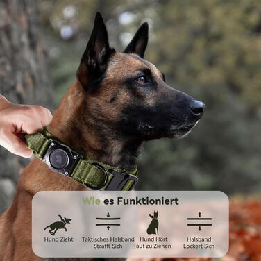 Тактичне собаче нашийник DE JIARUI з ручкою, водонепроникний Airtag нашийник для собак, товстий регульований нашийник для собак з м'якою підкладкою, металева застібка для собак середніх та великих порід (зелений, M(15'-19')) Зелений L(18'-23')
