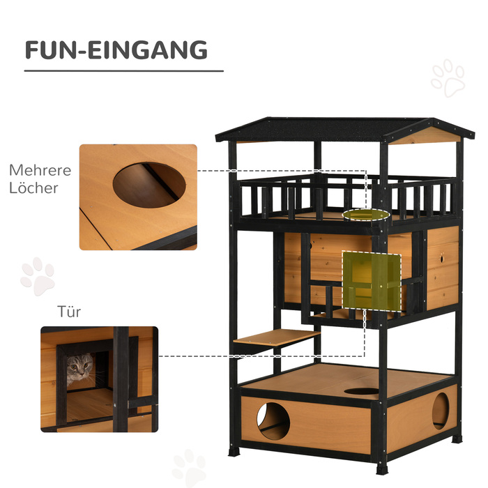 PawHut Cat House Ялина Wood Cat House 4 поверхи зі сходами, зимостійкий асфальтовий дах, жовтий, 75,5x75x137см, ідеально підходить для вулиці та патіо