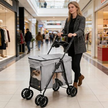 Візок для тварин, бугі для собак та котів, складний, сірий. Міцний, водонепроникний, з дихаючим матеріалом, до 20 кг.