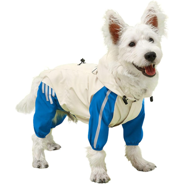 Дощовик для собак з отворами для зчеплення, легкий, водонепроникний, вітронепроникний, з світловідбиваючими смугами, одяг для домашніх тварин, пончо-куртка для маленьких та середніх собак, розмір L, блакитний (довжина спини: 30 см, обхват грудей: 44 см)